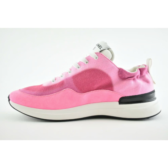 Chanel 21S Neon Pink Denim Suede CC Logo Lace Up Low Top Trainer Sneaker 39.5 - Picture 8 of 12